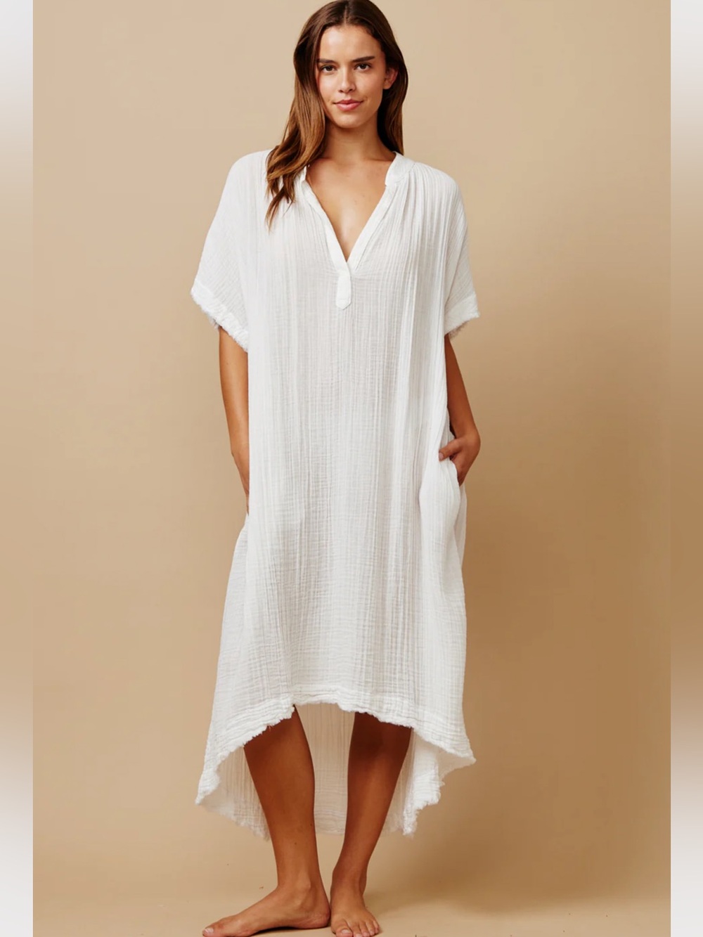 NWT 9Seed TUNISIA short sleeve caftan in lightweight gauze - white O/S